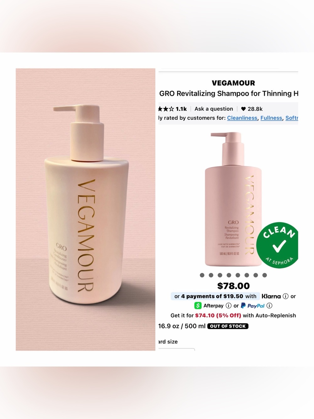 Vegamour Gro Revitalizing Shampoo 16.9 oz / 500 ml. MSRP $78.